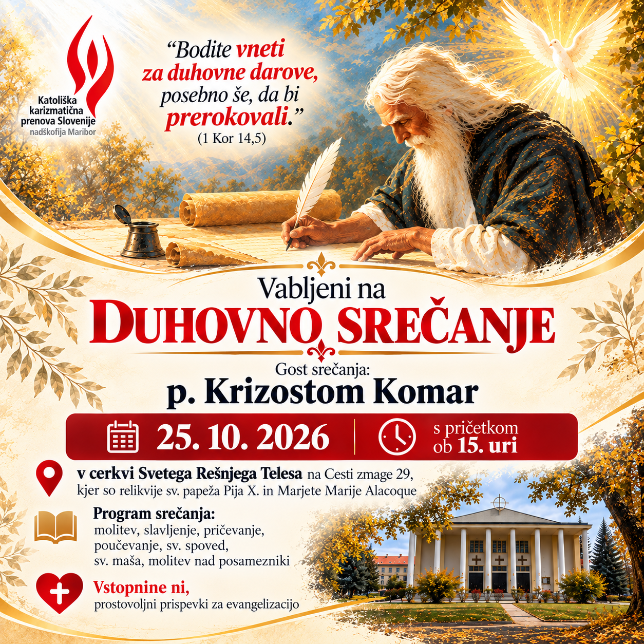 Plakat Duhovno srečanje z gostom p. Krizostomom Komarjem: 25. oktober 2026, Maribor